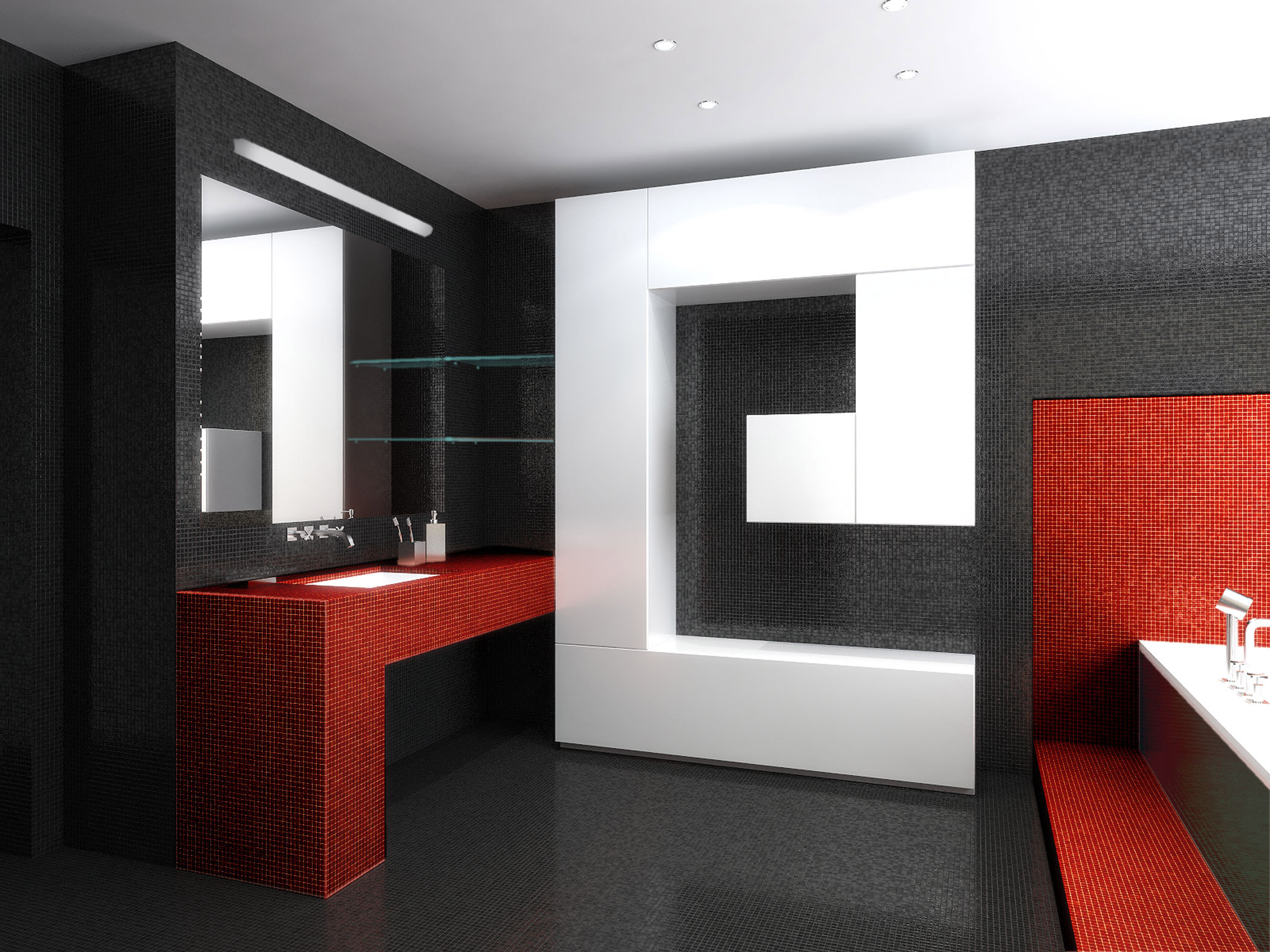 Mustavalkoinen kylpyhuone laimennettuna punaisella
