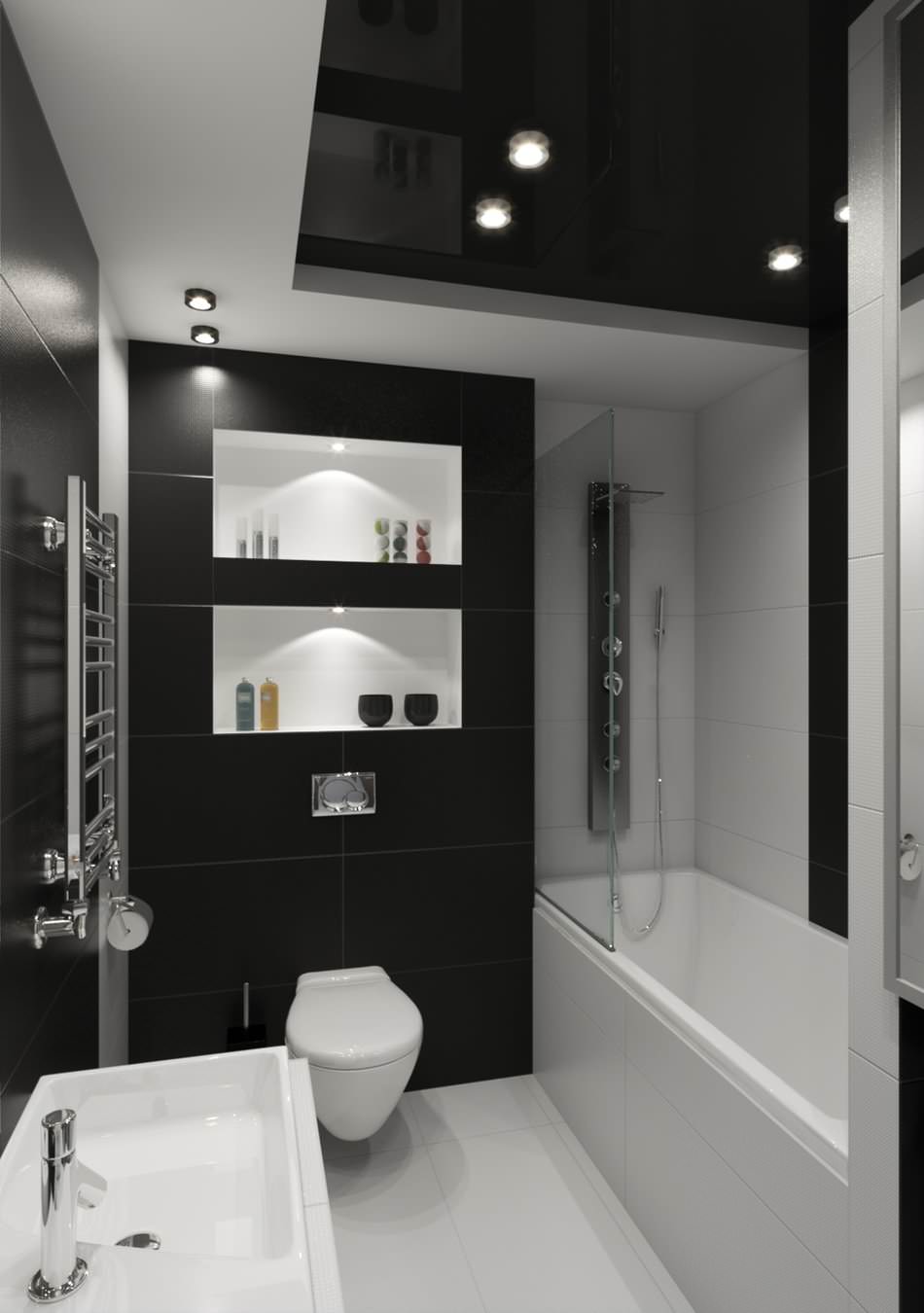 Čierna a biela kúpeľňa s vysokým stropom