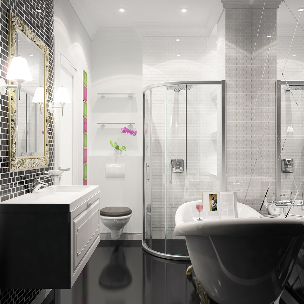 Banheiro preto e branco com elementos de vidro.