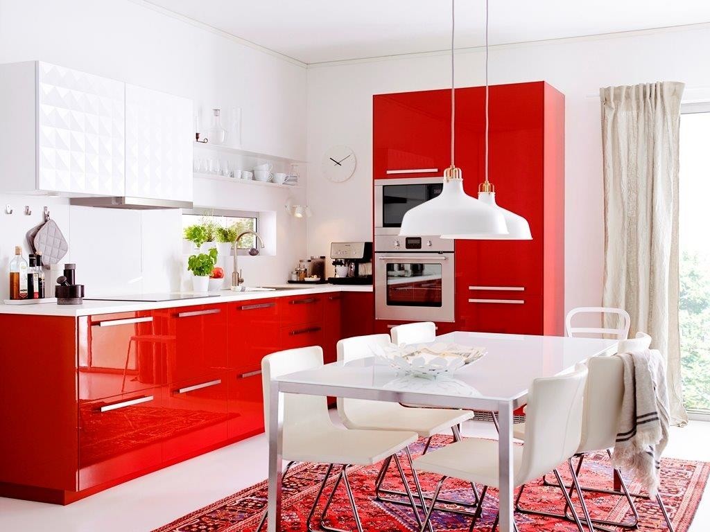 large kitchen with a red-white set