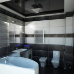 Projekt łazienki z czarnym sufitem napinanym