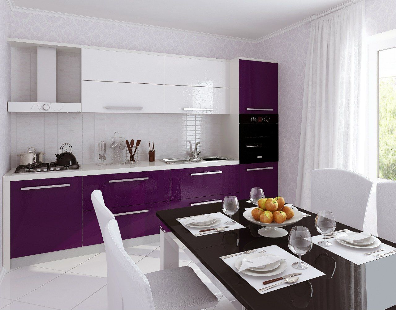 Interior dapur putih dengan warna dominan.