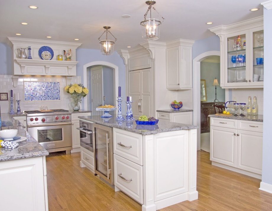 White kitchen interior with gzhel elements