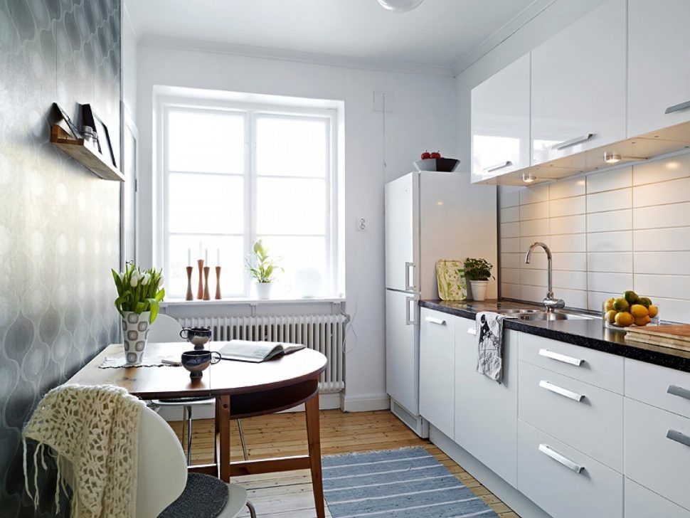 Linear white kitchen interior
