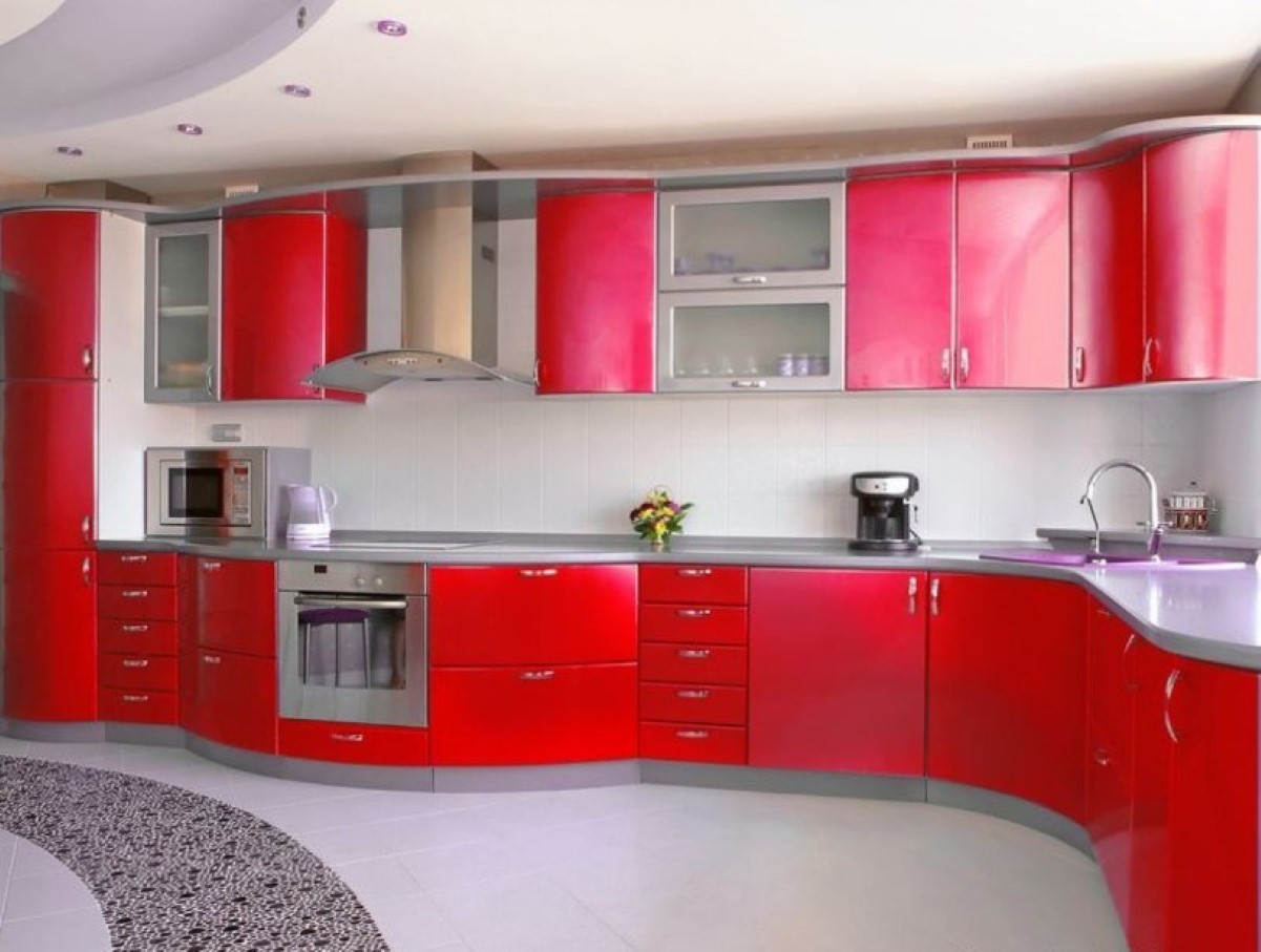 Interior of a white kitchen with a bright set