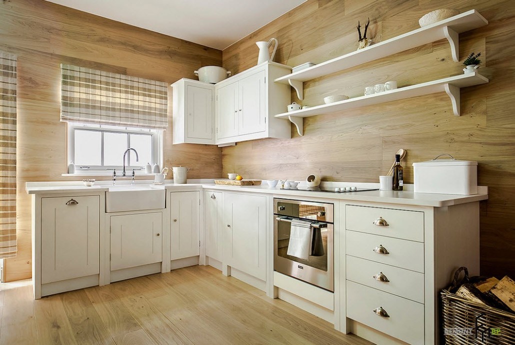 White kitchen interior with wall panels