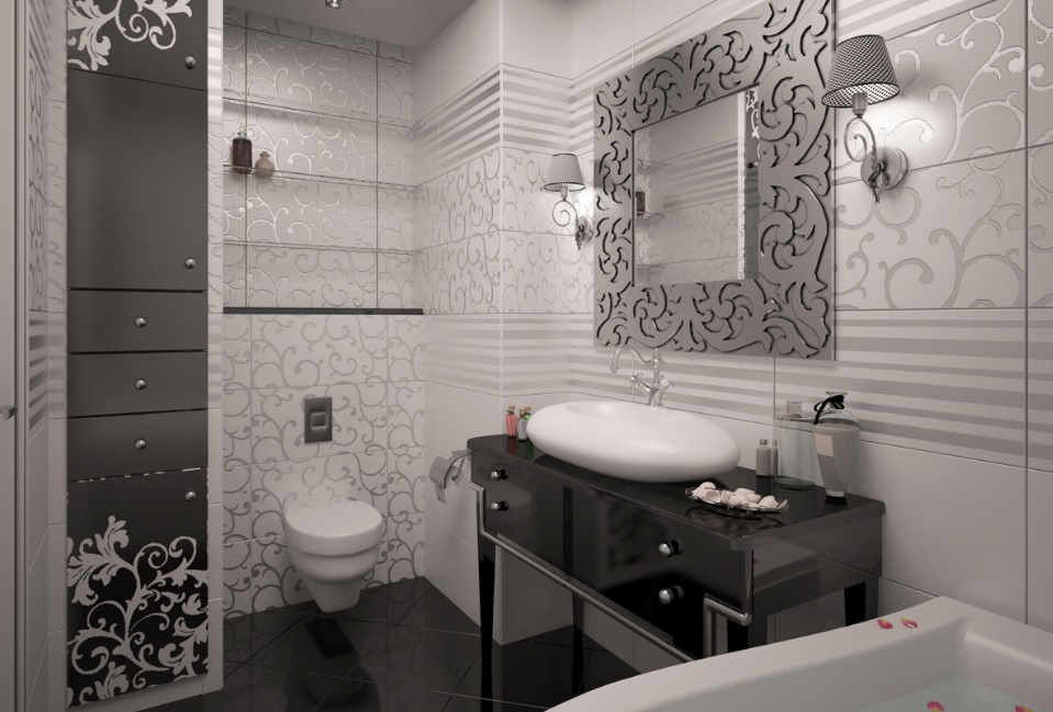 Sort-hvidt Art Deco-badeværelse