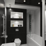 dizajn kúpeľne kombinovanej s toaletou v čiernej a bielej farbe