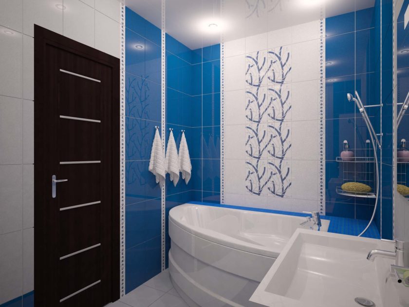 dizajn modrej a bielej kúpeľne