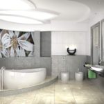 Asymmetrisk design af et badeværelse i et privat hus med flisebelagt udskrivning