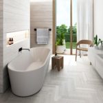 Phòng tắm màu trắng phong cách sinh thái gỗ và laminate