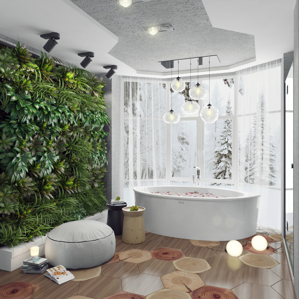 Banheiro branco estilo eco com plantas