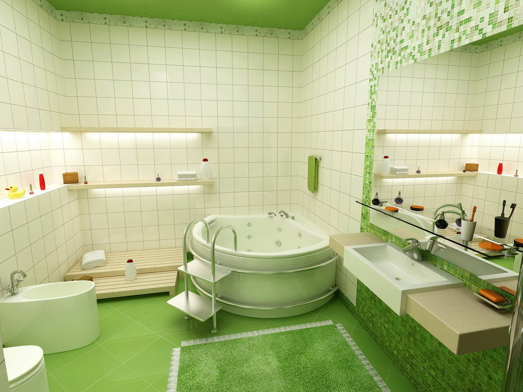 Fehér fürdőszoba öko zöld stílusban