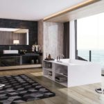 Large bathroom in a studio room with sea view