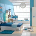 Nursery decor white glossy floor blue walls and textiles