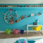 Kids room decor blue wall with spiral shelf