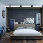 Bir yatak odası siyah rustik ve ahşap zemin üzerinde laminat dekor