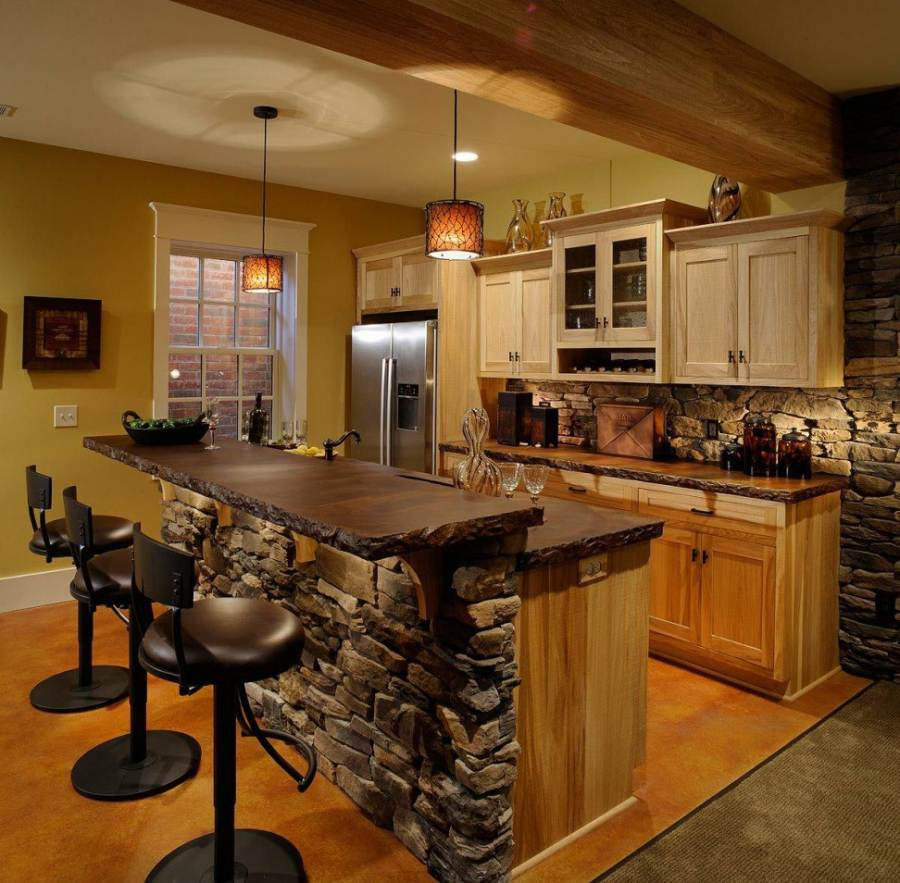 decorative stone in the decoration of the kitchen lighting