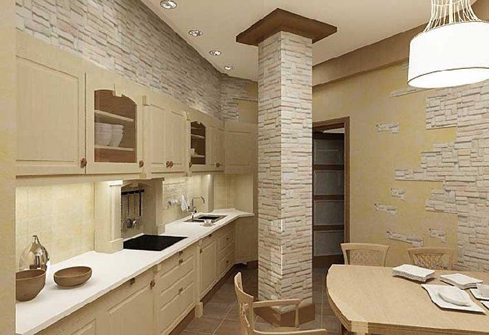 dekoratīvs akmens virtuves sienas rotājumā