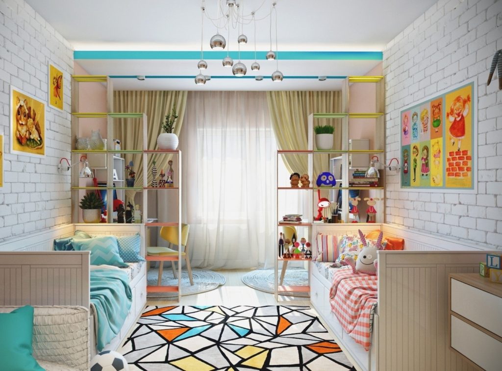 Projeto de um quarto infantil para paleta de cores de duas crianças heterossexuais