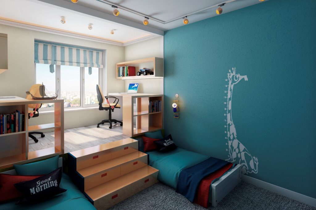 Návrh dětského pokoje pro dvě heterosexuální děti, postel pod molo.