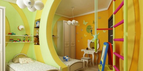 Proiectarea unei camere pentru copii pentru doi copii heterosexuali, o partiție și un perete suedez