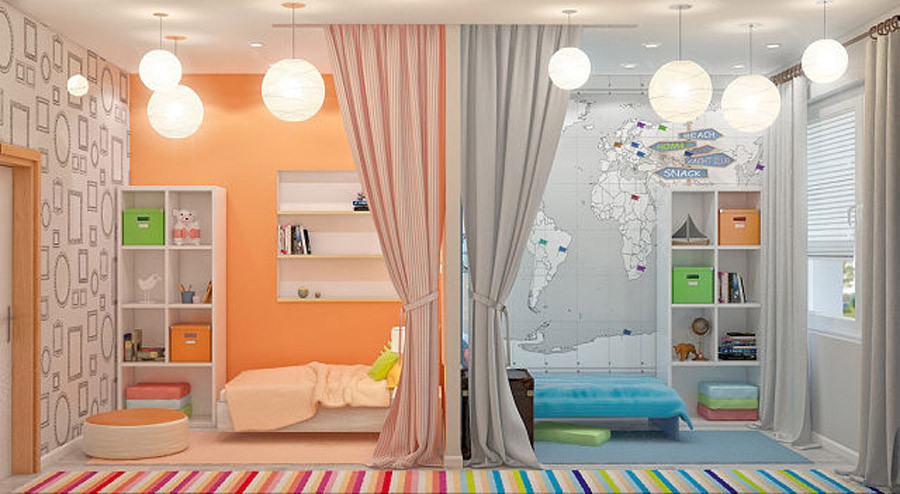Projeto de um quarto infantil para duas crianças heterossexuais