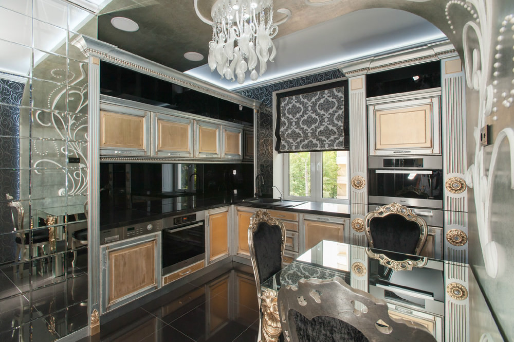 Reka bentuk dapur dalam gelas gaya dan gaya lukisan seni deco moden