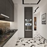 Reka bentuk dapur dalam gaya moden yang dilengkapi dengan perabot dan corak geometri di atas lantai