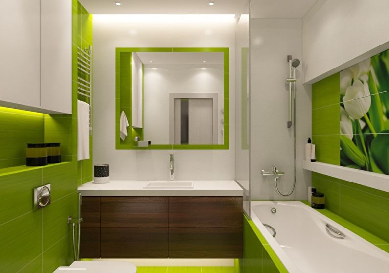 kúpeľňový dizajn v bielej a zelenej farbe