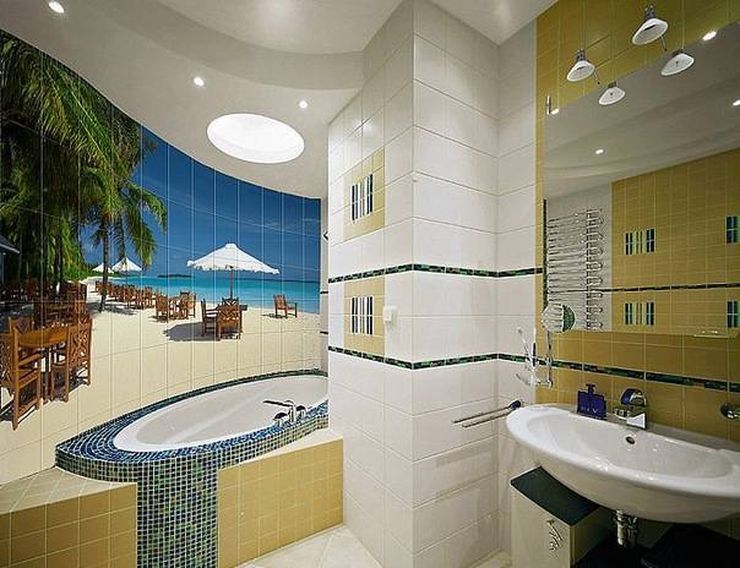 Bathroom design 6 sq m with photo printing