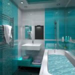 Bathroom design 6 sq m combination of white and turquoise gloss