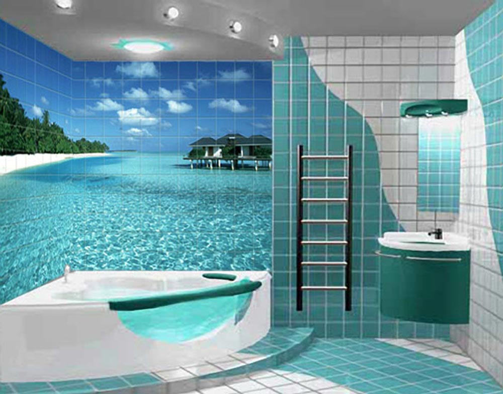 Dizajn kupaonice u privatnoj kući s pločicama s tiskom fotografija