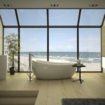 Reka bentuk bilik mandi di rumah peribadi dengan pemandangan laut