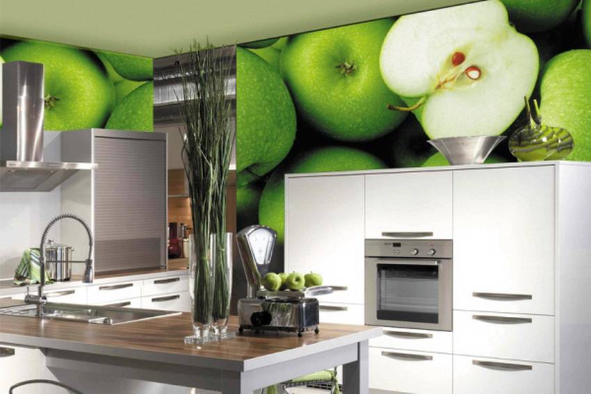 Fali falfestmény a konyha belsejében a termékek képével