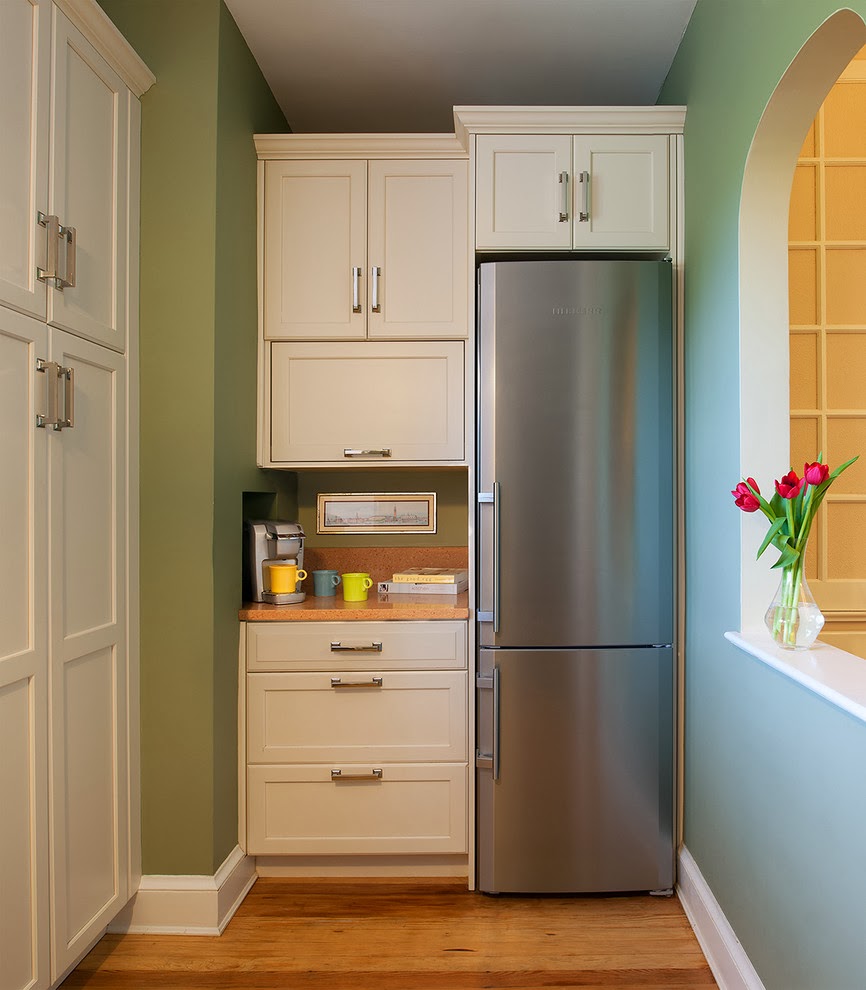 Ledusskapis virtuves interjerā, iebūvēts skapis