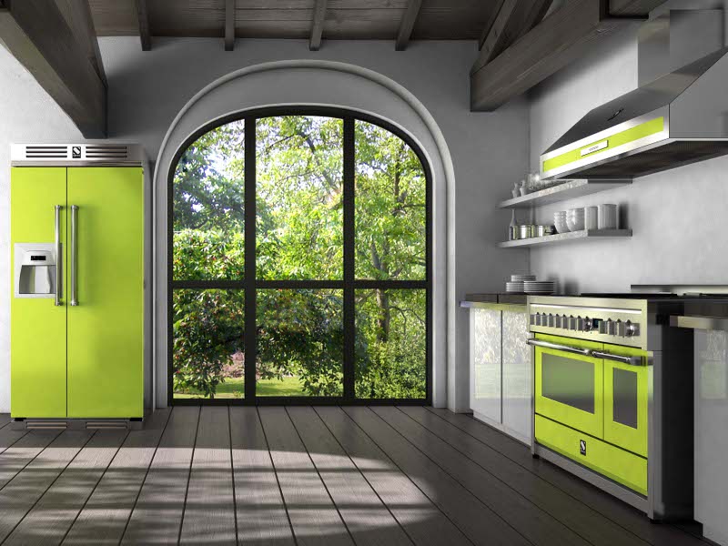 Tủ lạnh màu xanh lá cây trong nội thất nhà bếp với các phụ âm