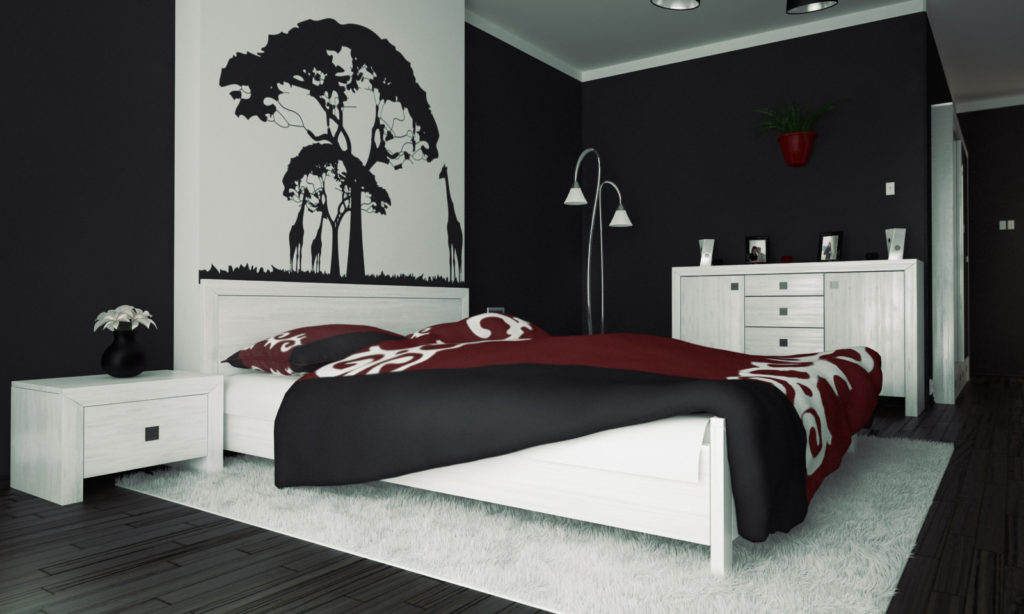 sienas rotājums guļamistabā melnā krāsā