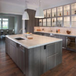 Gray palette of kitchen and countertops in white marble