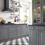 Gray kitchen palette with chess floor and white ceiling.