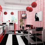 Krāsu kombinācija virtuves interjers melns un sarkans uz balta