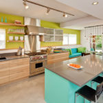 The combination of colors of the kitchen interior olive turquoise and light brown