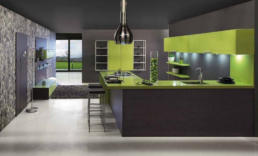 Kết hợp màu sắc nội thất nhà bếp màu xanh lá cây và màu đen