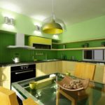 Krāsu kombinācija virtuves interjers zaļš un dzeltens