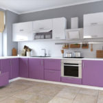 Moderni virtuvės balta-violetinė gama pilkame fone
