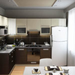 Dapur putih moden di dinding coklat dan kelabu