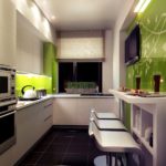 Mūsdienu virtuves matēts smilškrāsas un spīdīgi zaļas krāsas