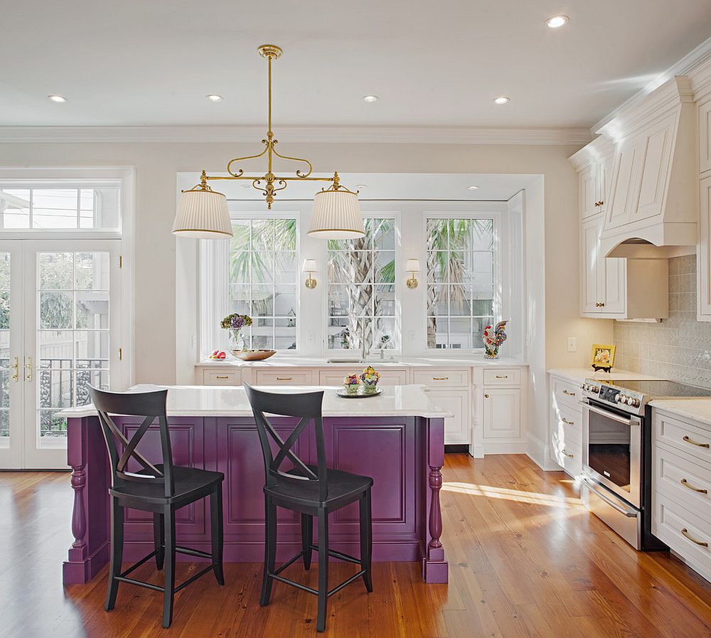 Bar stools to the purple kitchen