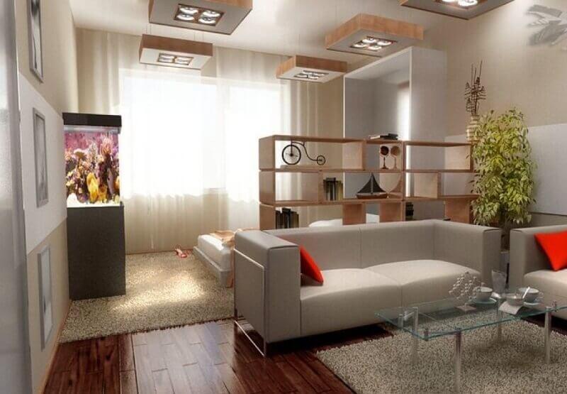 design de sala de estar dividido em 2 zonas