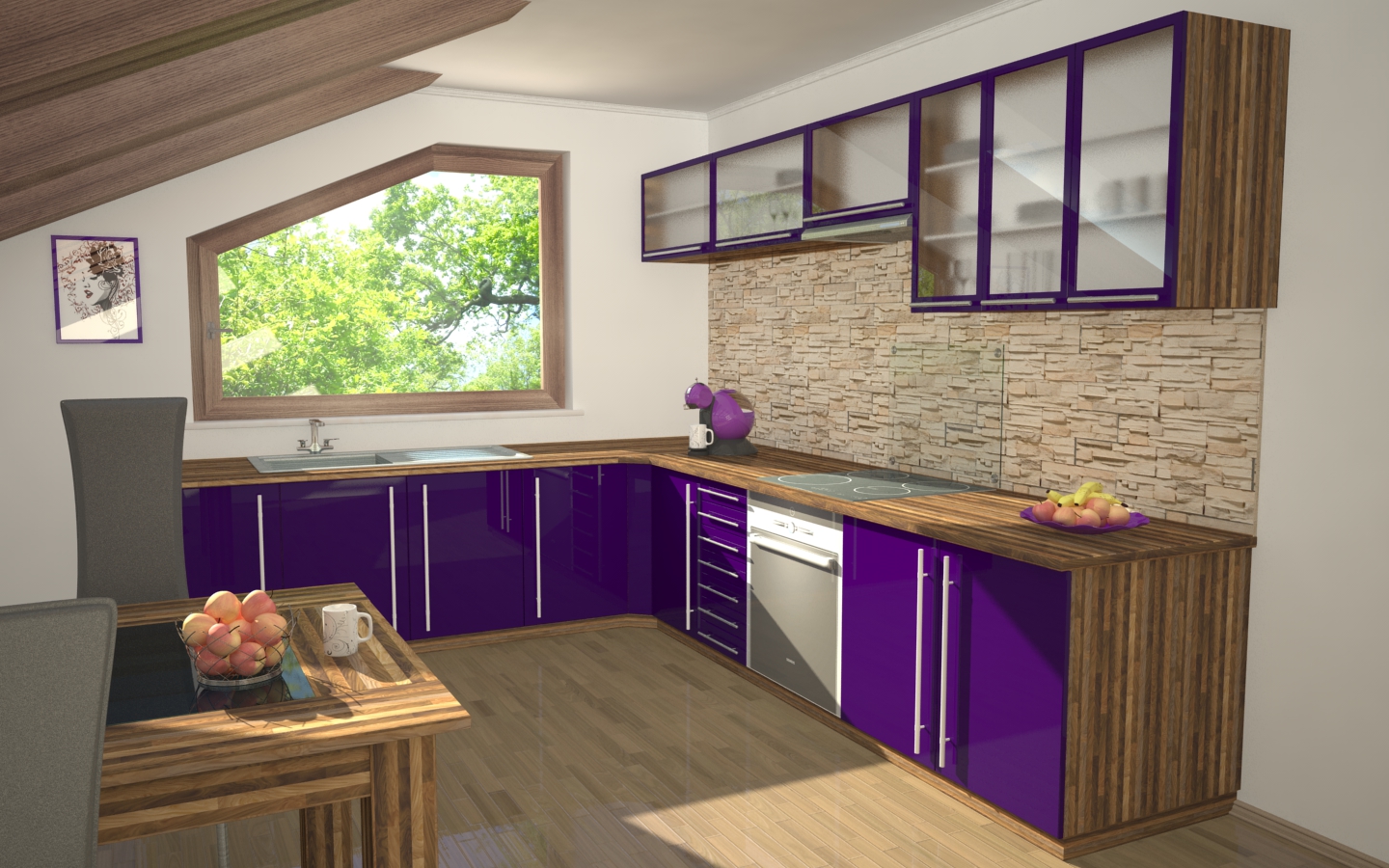 Bucătărie violetă cu lemn